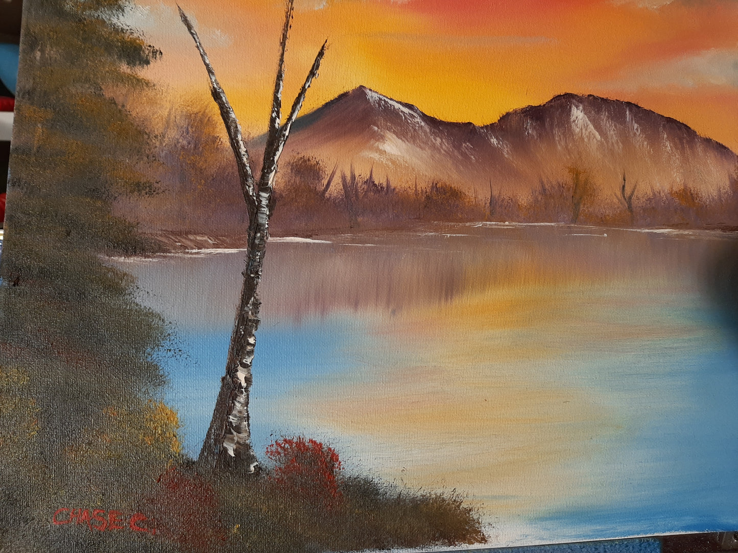 Orange Glow Warm Summer Sunrise/Sunset Mountain View By The Lake 16x20" Original Oil Painting