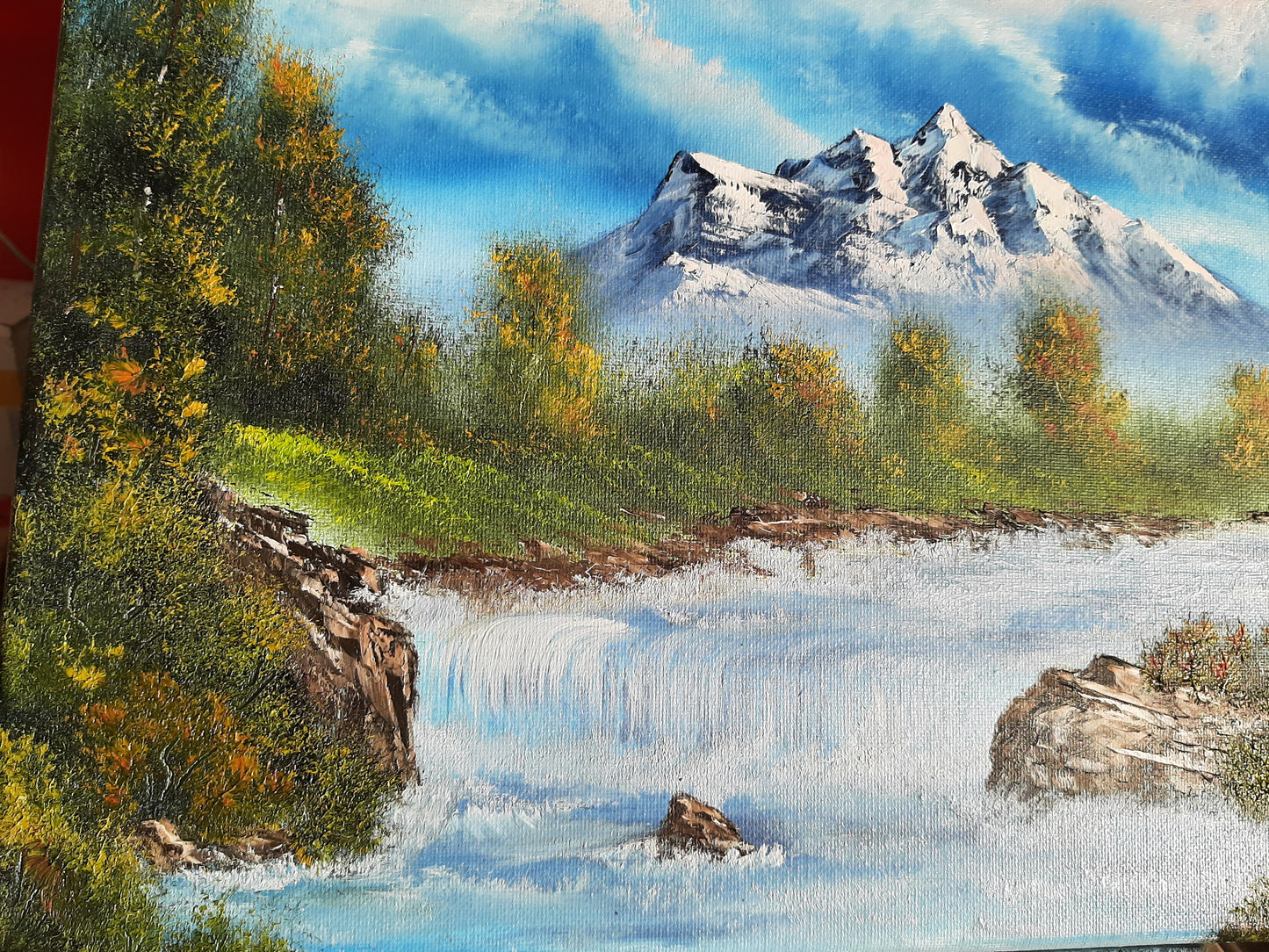 Rocky Mountain View By The River and Waterfall 12x16" Original Oil Painting