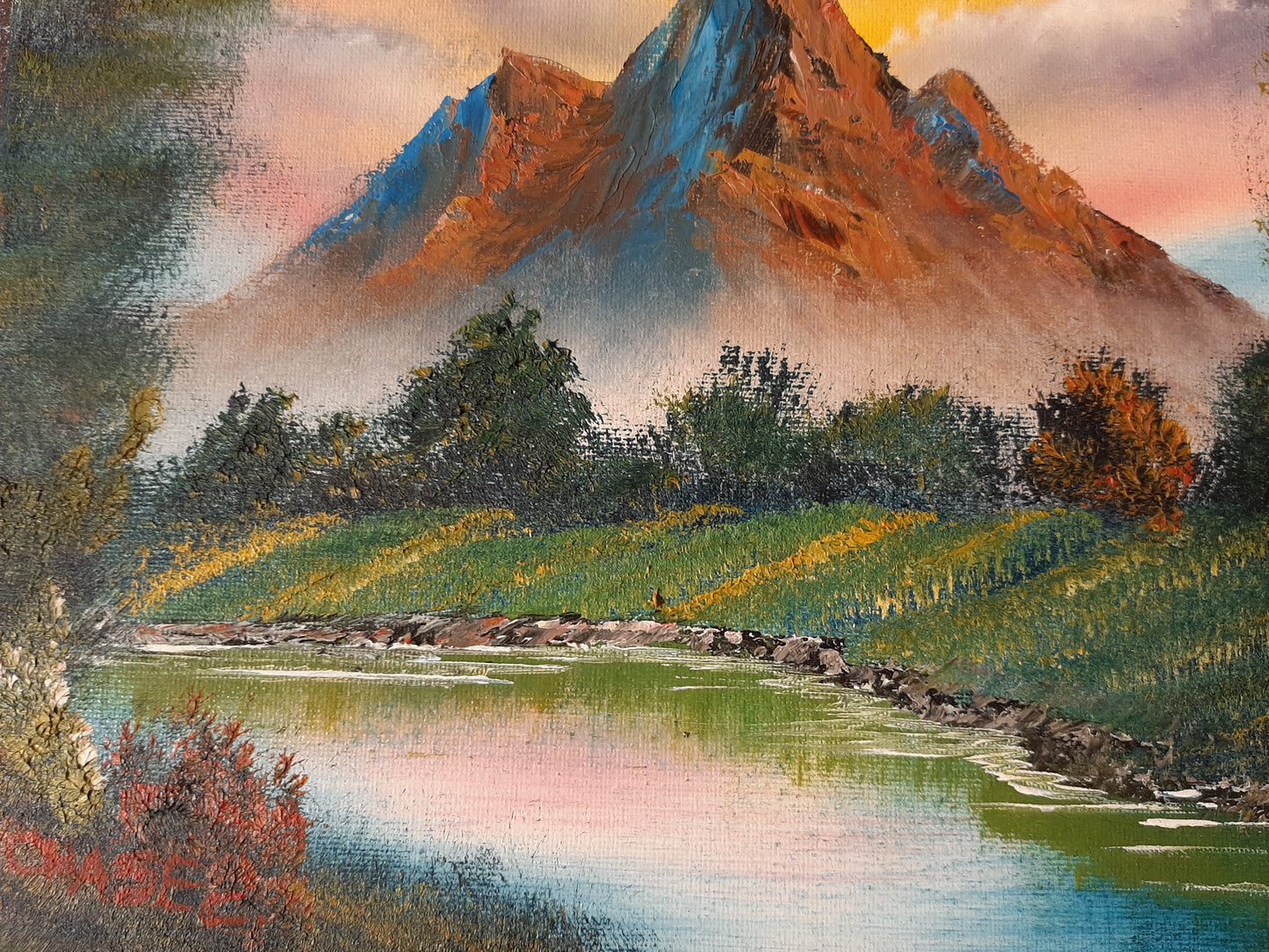 Summer Mountains Firey Sky River Side View 12x12" Original Oil Painting
