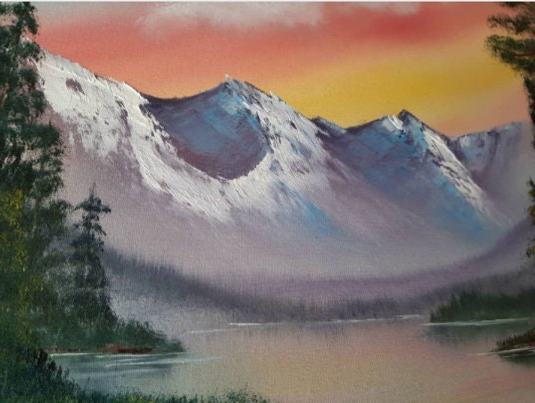 Rainbow Lake Mountain Sunset original oil painting on canvas 16"x20"