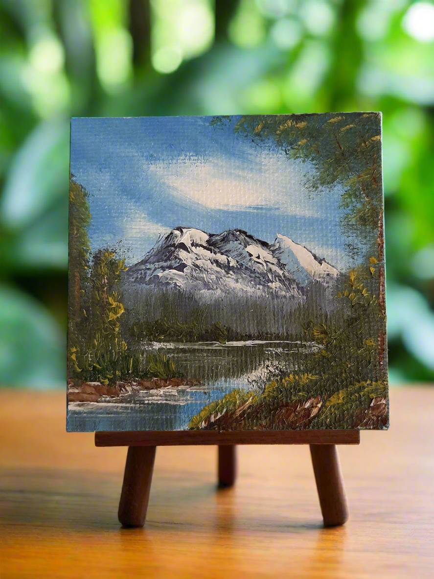 Mini Canvas Painting With Easle Mountain Lake Landscape 2.5x2.5" inch