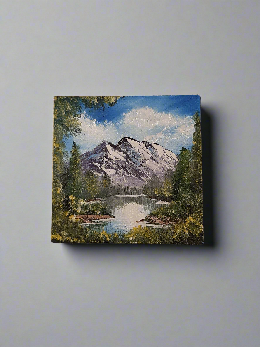 Mini Magnetic Canvas Painting With Easle Mountain Lake Landscape 2.5x2.5" inch