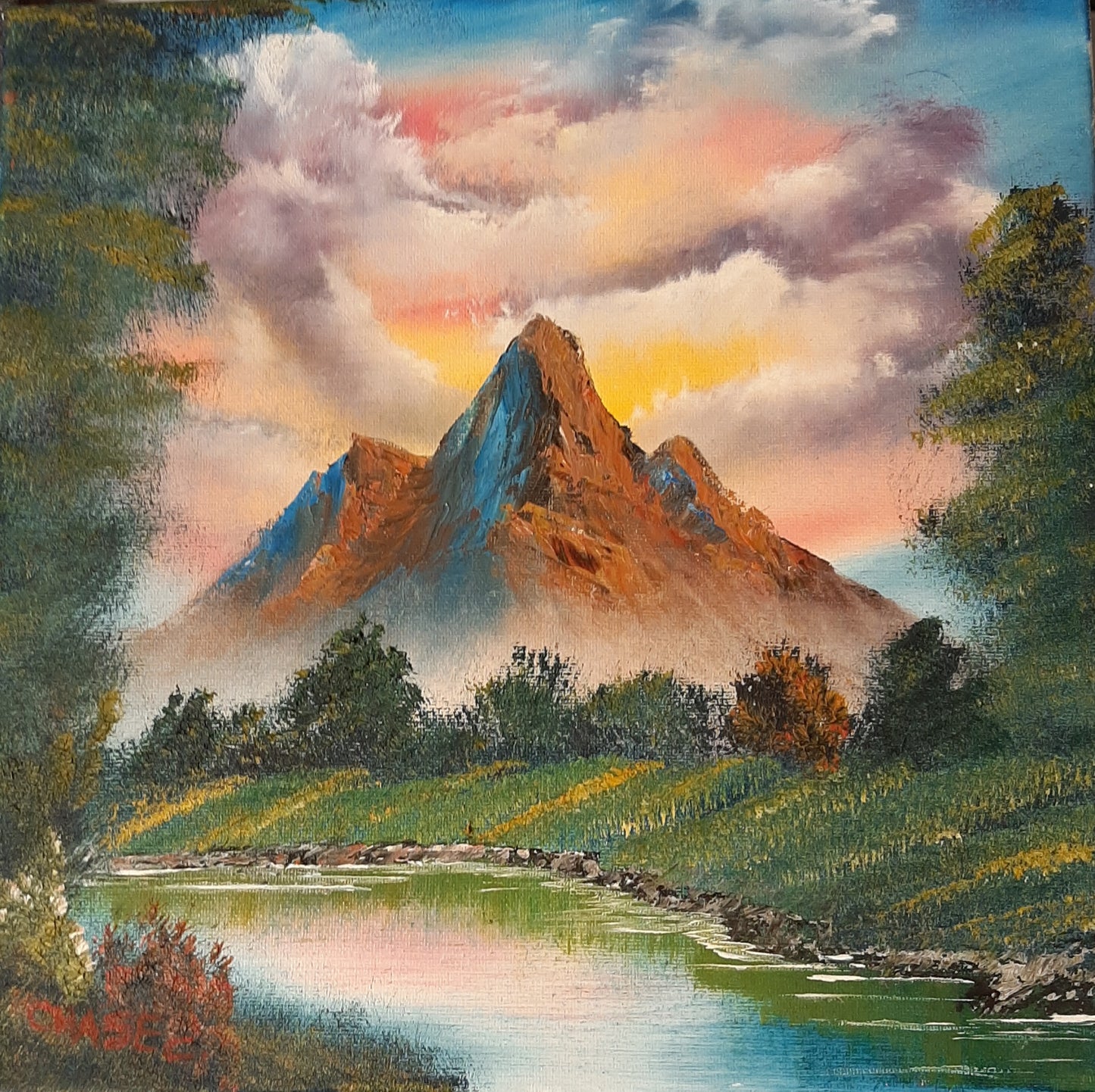 Summer Mountains Firey Sky River Side View 12x12" Original Oil Painting