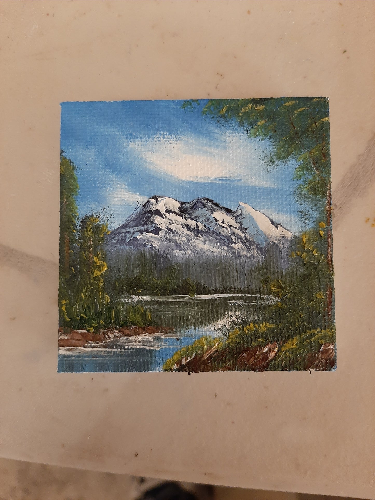 Mini Canvas Painting With Easle Mountain Lake Landscape 2.5x2.5" inch
